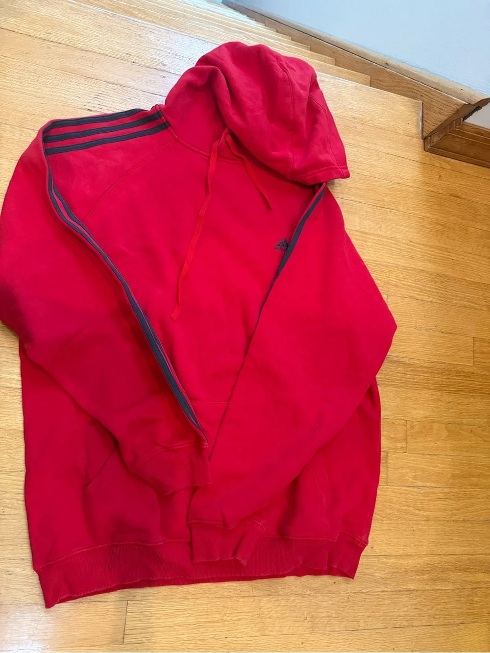 adidas Red Men’s Hooded Sweatshirt with Black Stripe Accents